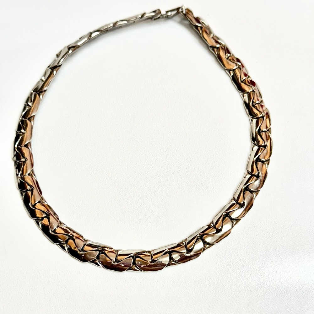 Chunky Silver Tone Choker Necklace Snake Chain Clasp